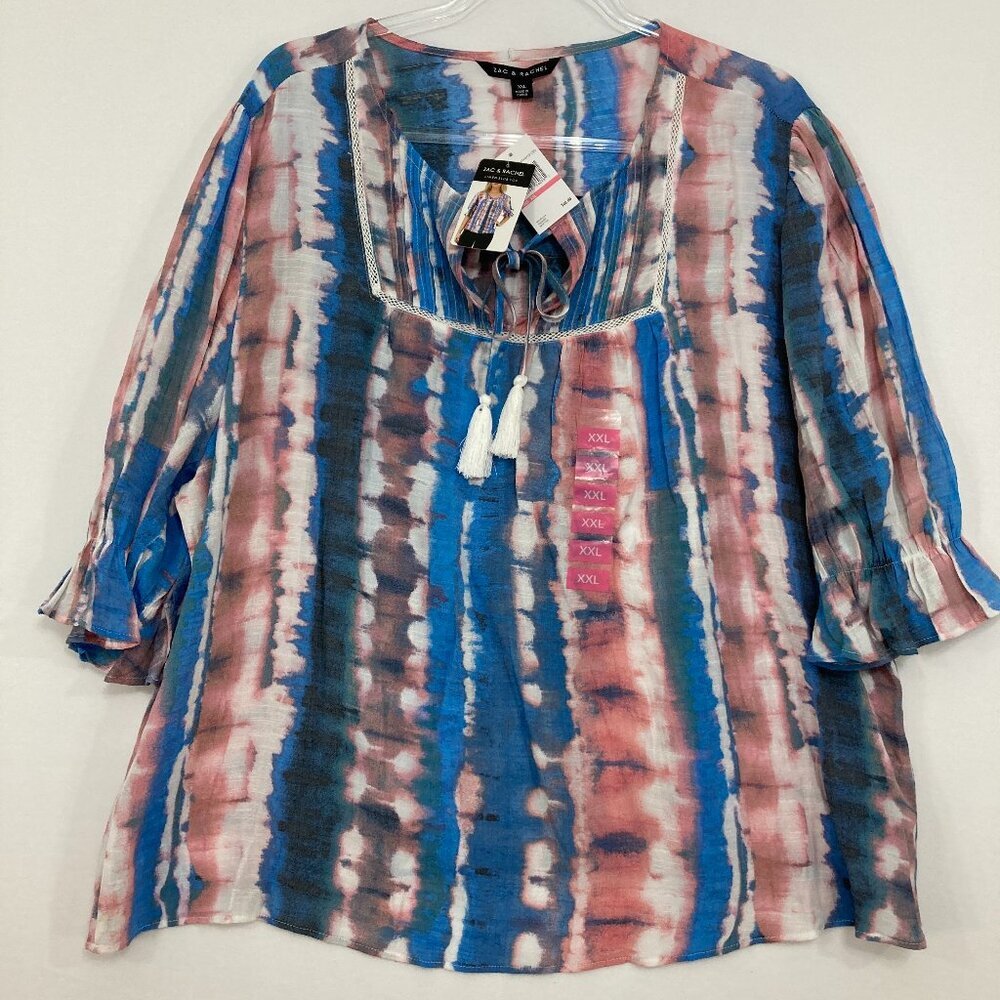 New Zac & Rachel XXL Blue Pink Tie Dye Soft Flowy 3/4 Sleeve Top Casual Comfy